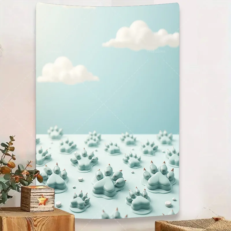 

1pc Wall Tapestry "Chic Cloud & Paw Print Tapestry - Pastel Blue Sky Scene Wall Art"