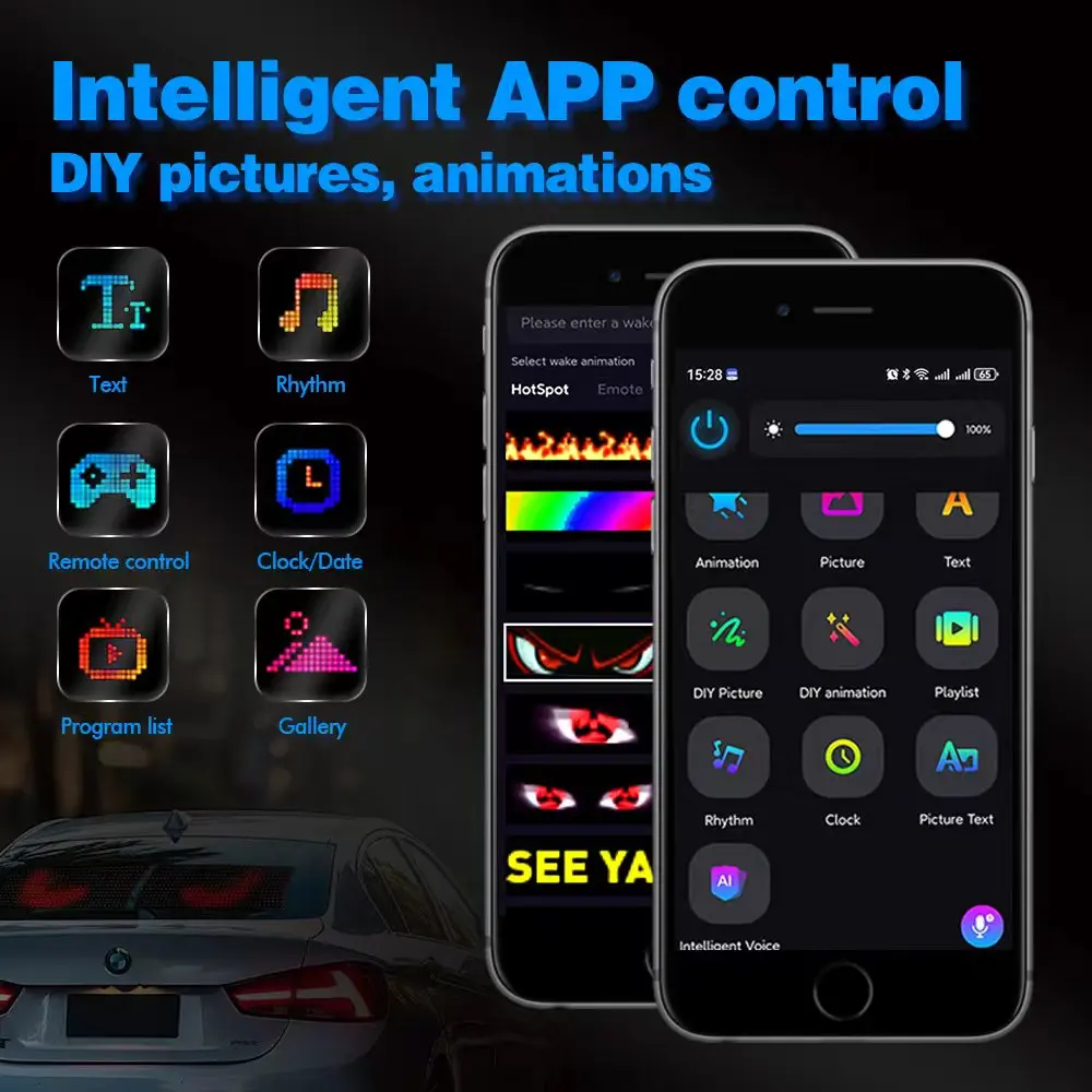 LED مصفوفة بكسل لوحة APP AI وظيفة الصوت مرنة عنونة RGB نمط الكتابة على الجدران التمرير النص الرسوم المتحركة عرض السيارة