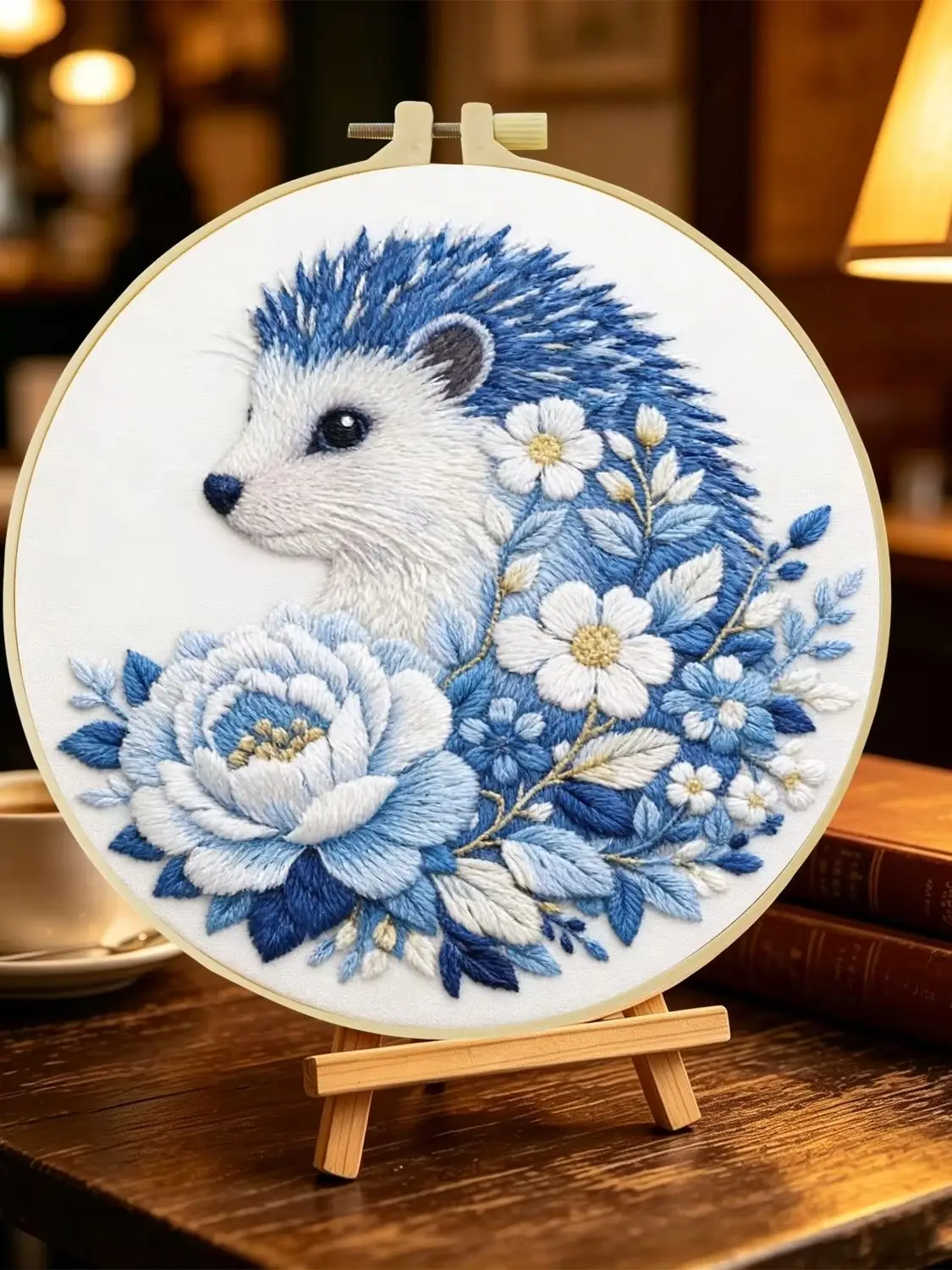 1 Set Blaue Blumen-Igel DIY-Stickerei-Set für Anfänger, Stick-Starter-Kit, Kreuzstich-Kunstgeschenk, Nadelarbeiten – Detail 1