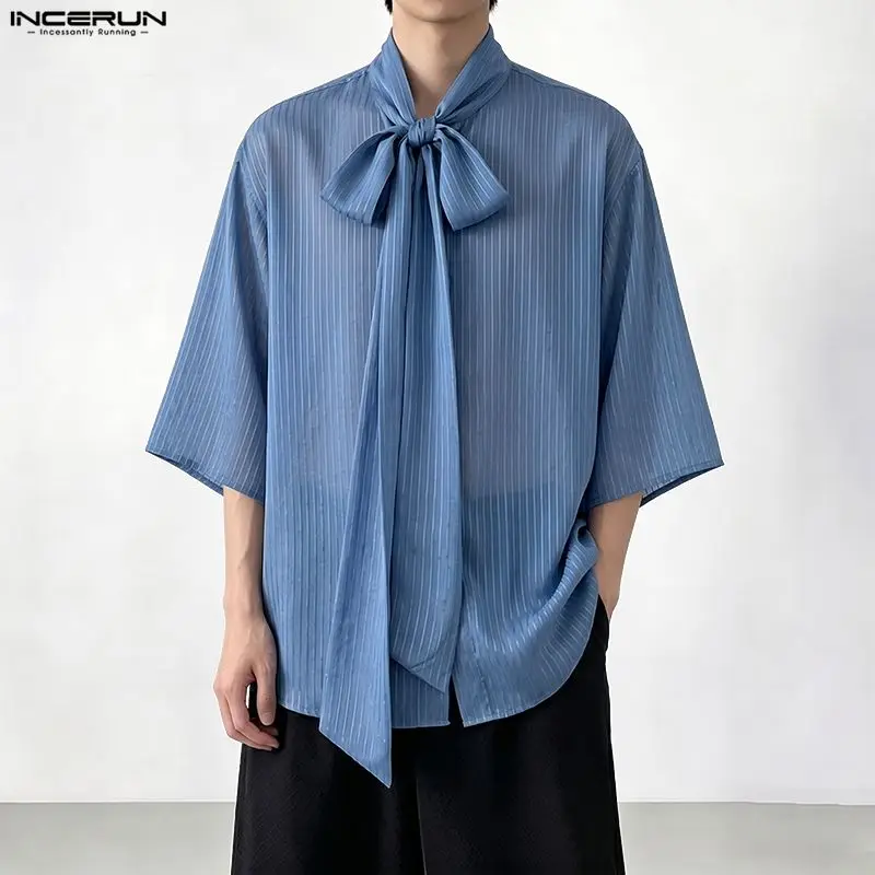 INCERUN Men Striped Shirt Stand Collar Half Sleeve Tie Up Men Clothes See Through Sexy 2026 Shirts Loose Streetwear Fashion Tops