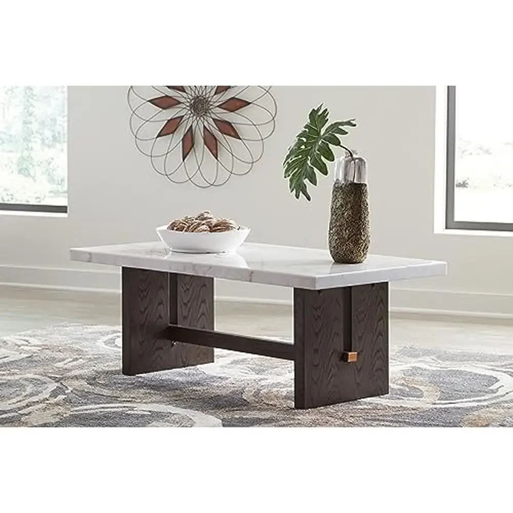 Marble Top Coffee Table Traditional Design Dark Brown & White Rectangular 51.88