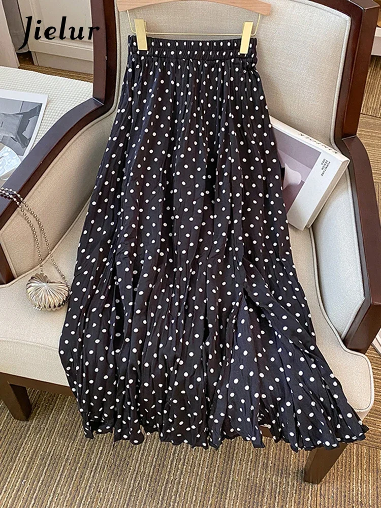 Jielur Summer New Vintage French Dot Split Half Skirt Woman Ladies Elegant Sweet Women's Skirt Ruffled A-line High Waist Skirt