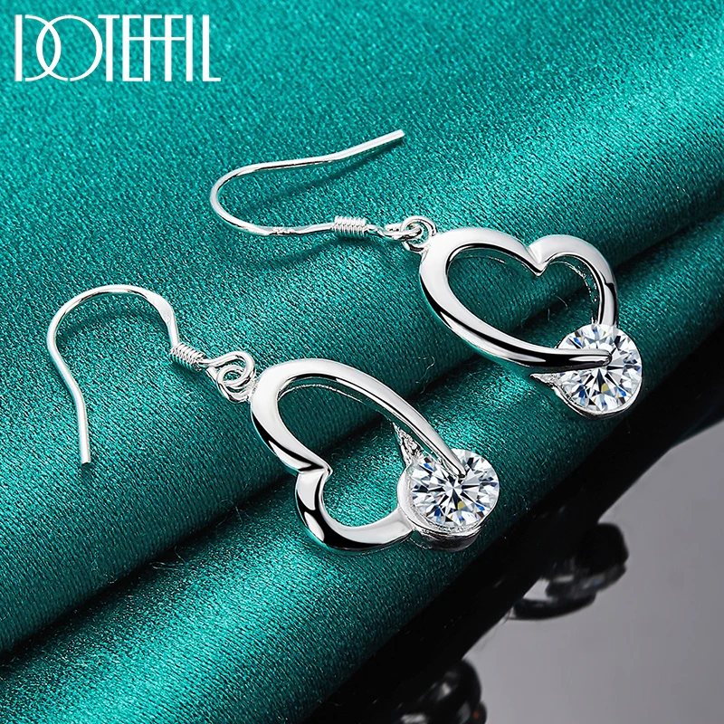 DOTEFFIL 925 Sterling Silver Heart AAA Zircon Drop Earring For Woman Best Gift Wedding Engagement Jewelry