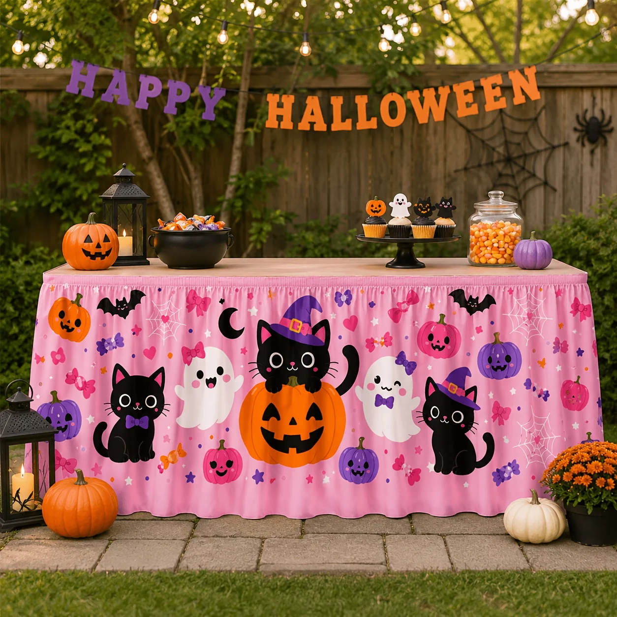 1 tablecloth table skirt, cute pink Halloween table skirt, light pink background