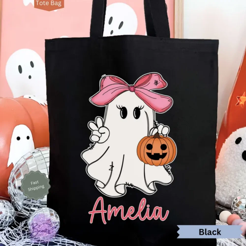 اسم مخصص للهالوين خدعة أو علاج حقيبة ، كيس حلوى الهالوين للأطفال ، حقيبة الهالوين مع اسم ، حقيبة قماش الهالوين لصبي/فتاة