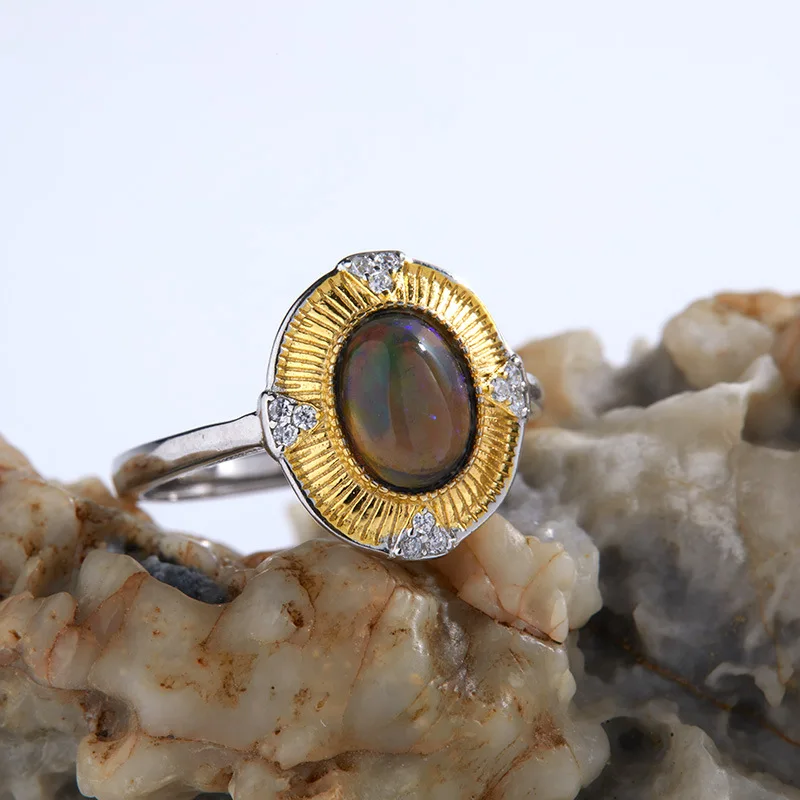 

Japanese and Korean New Style Light Luxury High-end Ring for WomenS925Sterling Silver Inlaid Natural Opal Open Ring Hot Sale