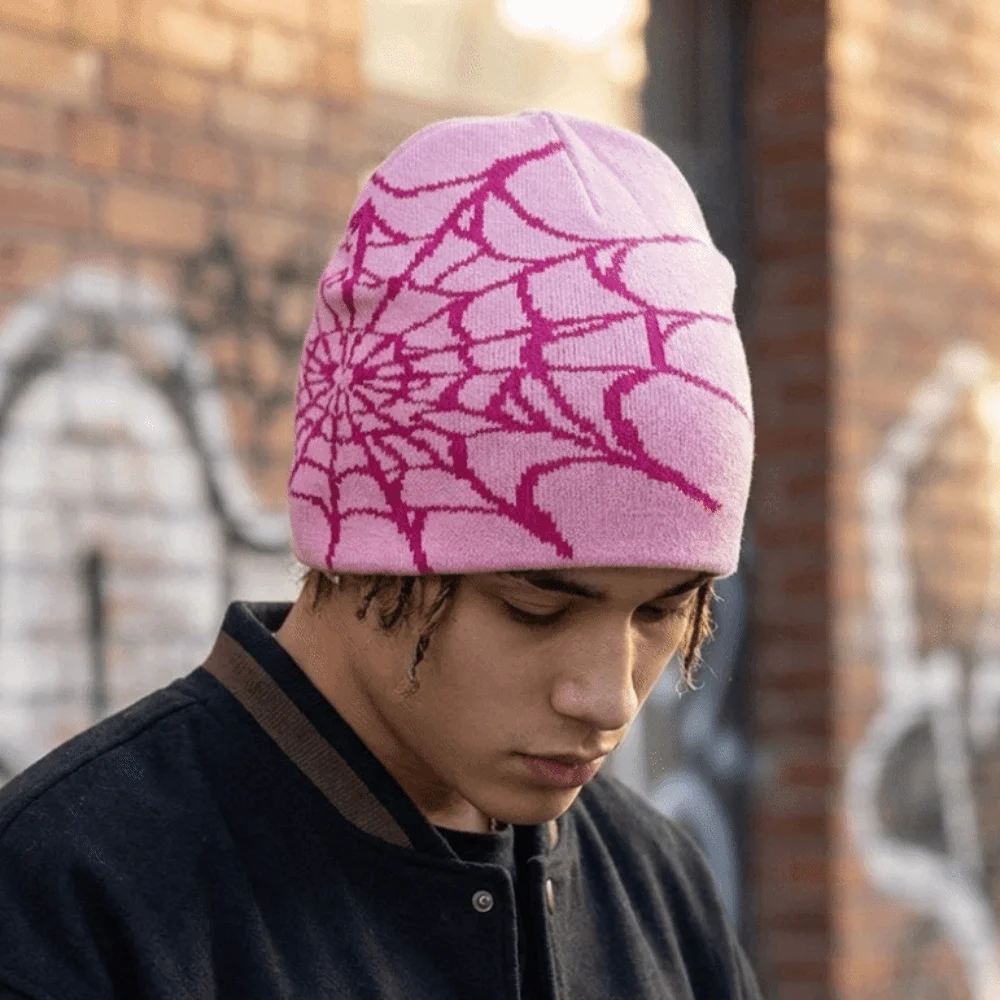 Hip-hop Soft Spider Web Pattern Beanie Caps Warm Street Punk Pullover Hat Multiple Colors Stretch Cuffed Knitted Hat Winter