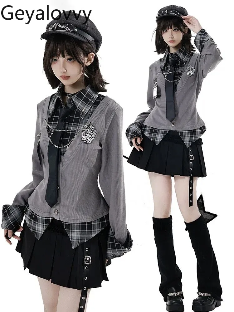 

Korean Style Girls Two-piece Set Plaid Patchwork Long Sleeve Shirt Tops + Pleated Skirt Suit Spring Autumn Women's Casual Sets