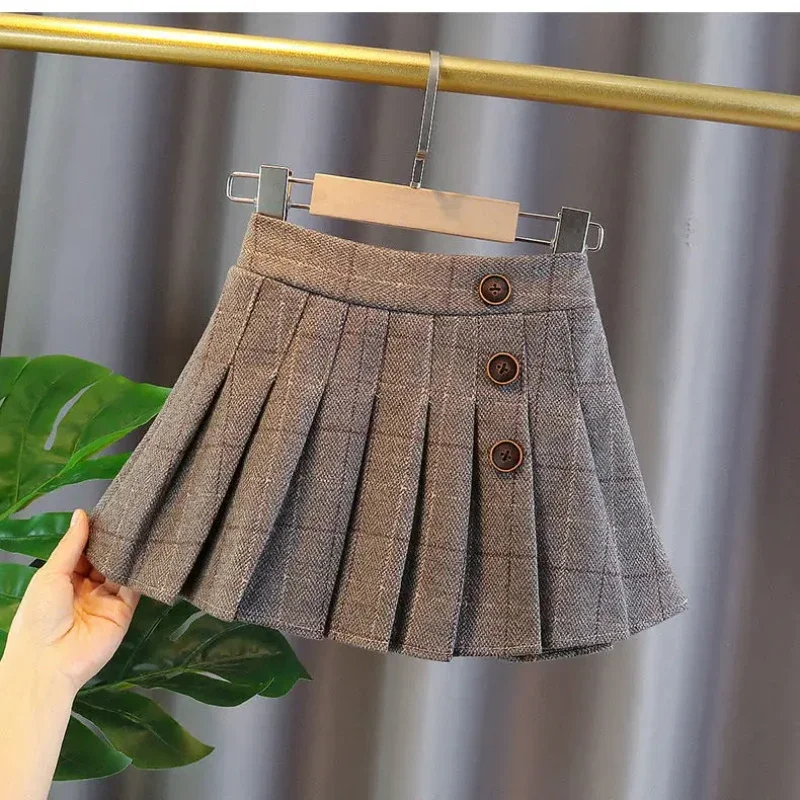 Kids Girls Pleated Skirts Woolen Plaid Skirts 2024 New Arrival Children Princess Coffee Black Skirts School Wear Clothes 3-16Y