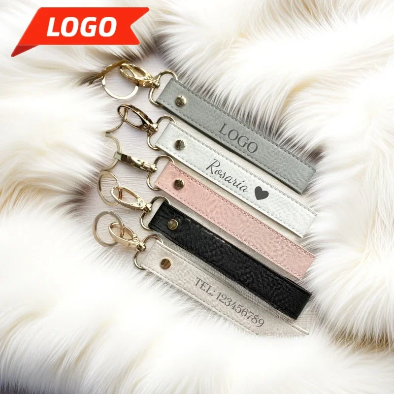 Trendy PU Custom Logo Leather Keychain for Women Personalized Number Bag Keyring Pendant Laser Engrave Car Name Key Chain Gift