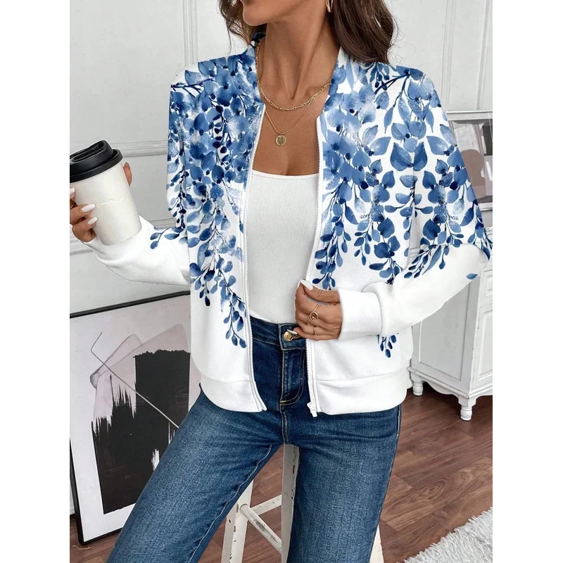 

Plus size women's casual printed jacket zipper placket floral fashionable and elegant casual outdoor top autumn and winter