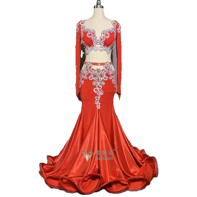 Belly Dance Performance Set Long sleeves Elegant Bra+buttocks Fishtail Skirt Original Suit for Women Bellydancing Wear Outfit