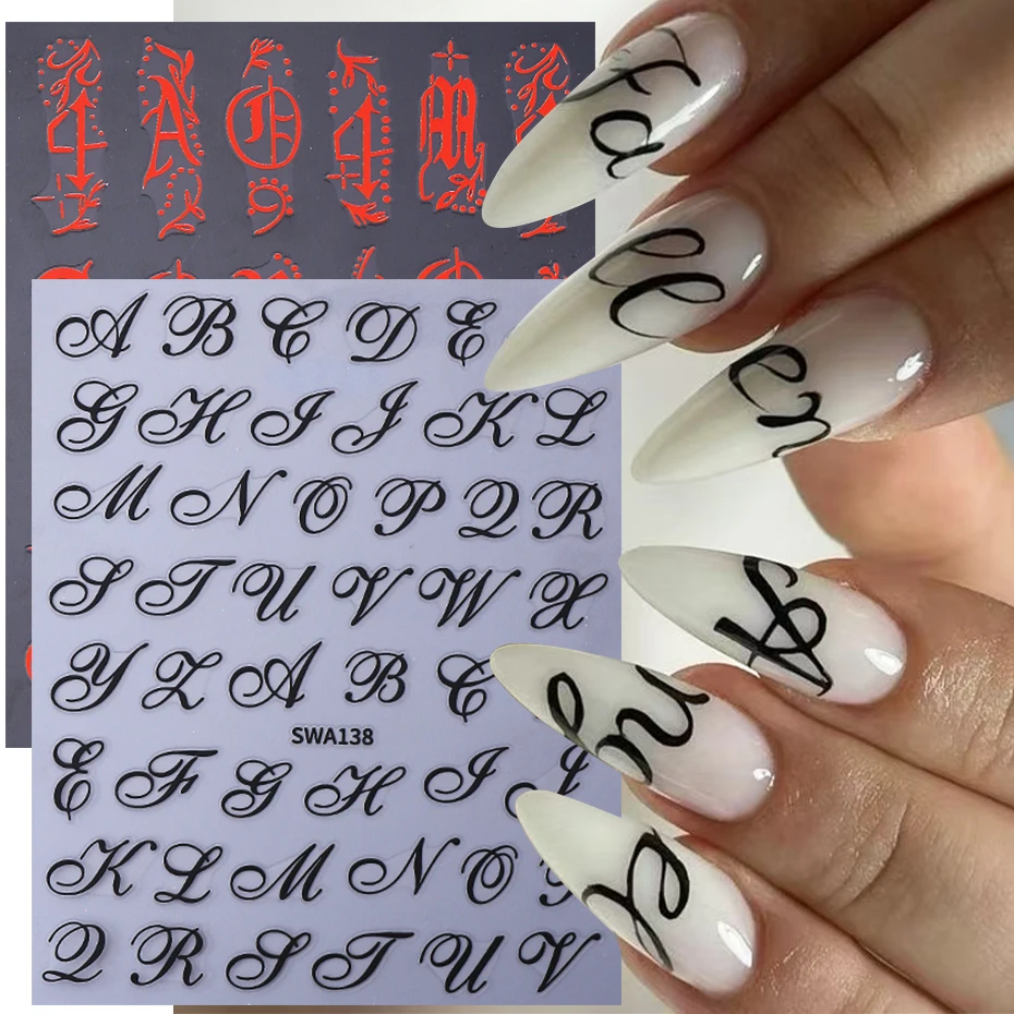 2pcs Gothic Letter Nail Sticker Y2K Black Red Cool Design English Alphabet Adhesive Slider Nail Decals DIY Manicure Decoration