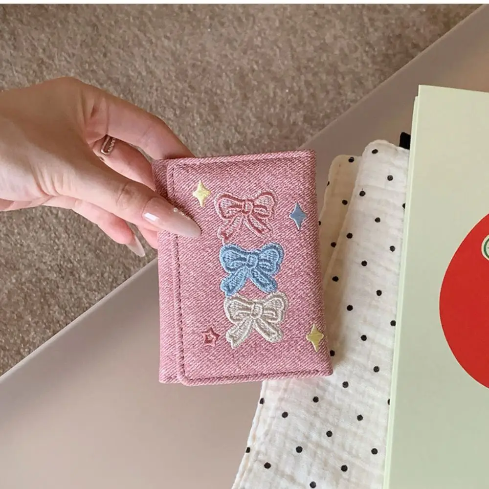 Card Pouch Portable Embroidered Bow Wallet PU Leather Embroidery Denim Coin Purse Cute Fashion Three Fold Wallet School