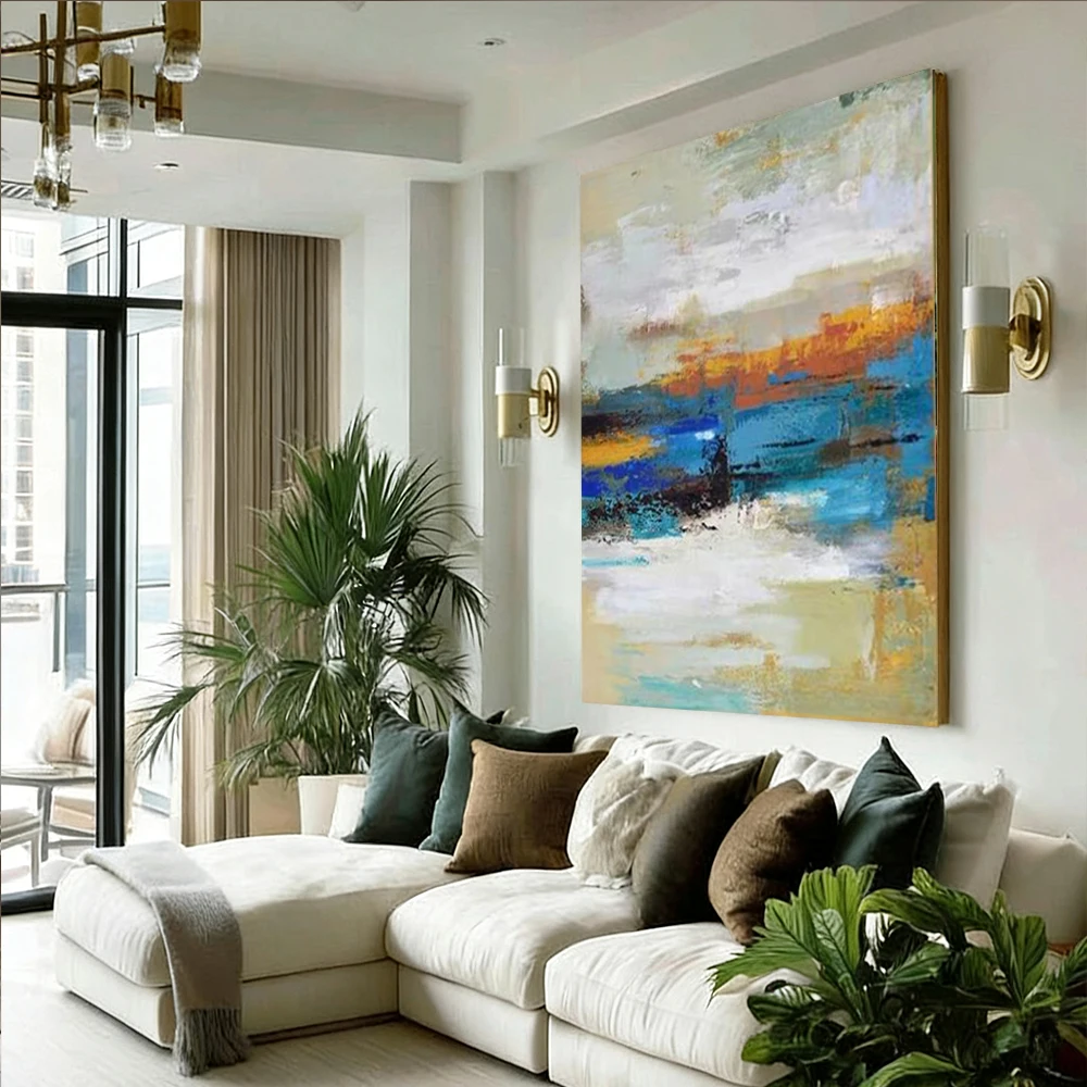 100% Hand Painted Abstract Oil Painting Golden Horizon Wall Art Picture On Canvas pattern Mural For Living Room Home Decor Paint