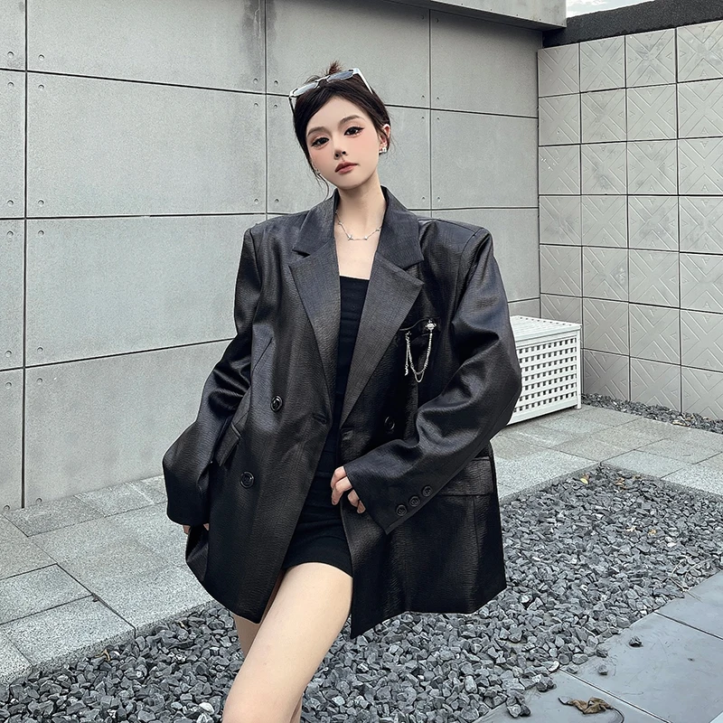SuperAen Korean Style Autumn New Designed Leather Suit Jacket Luxury Double-breasted Solid Color Shoulder Pad Blazer
