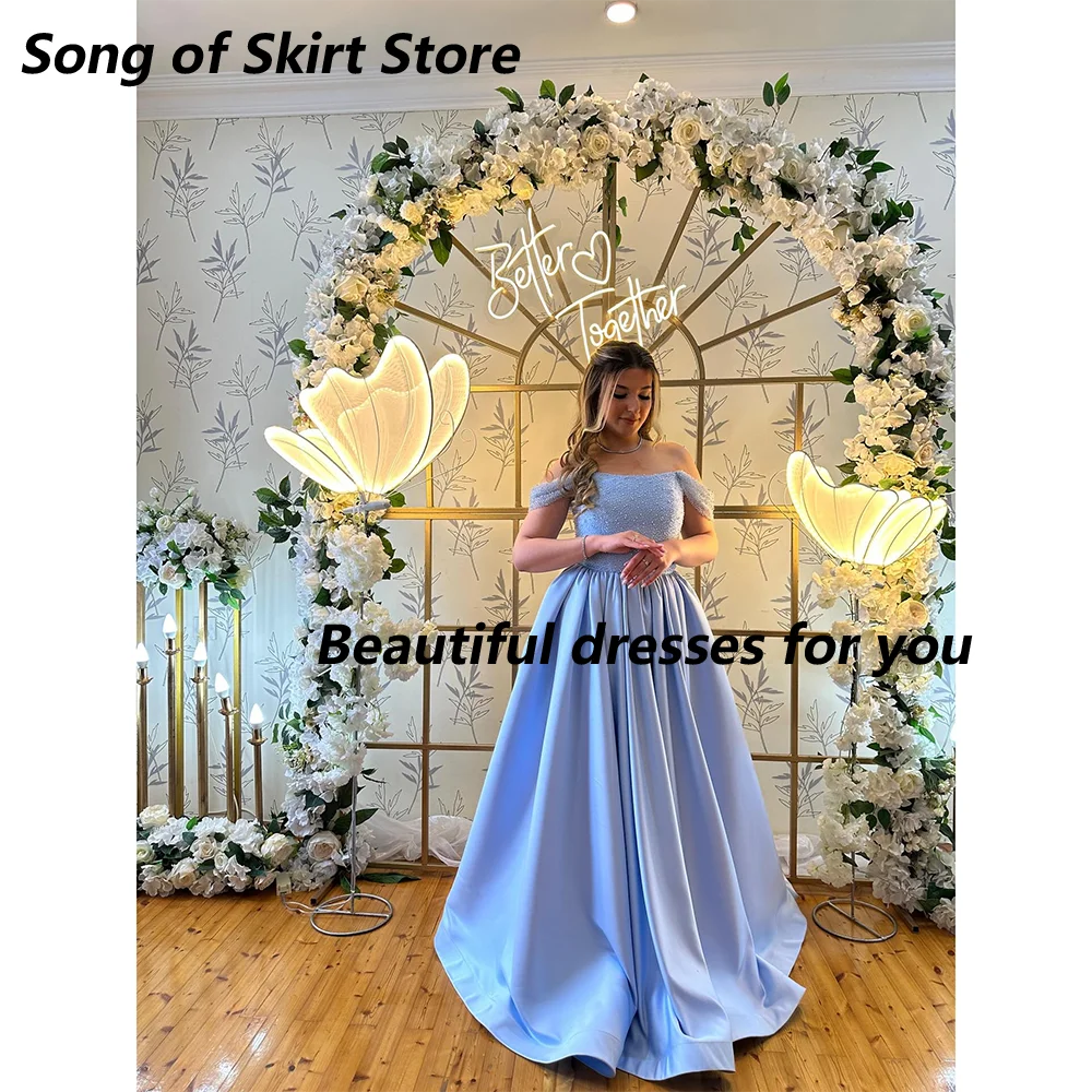 

Elegant Beads Evening Dress for Women Off Shoulder Floor-Length A Line Satin Prom Formal Wedding Guest Special Events Customized