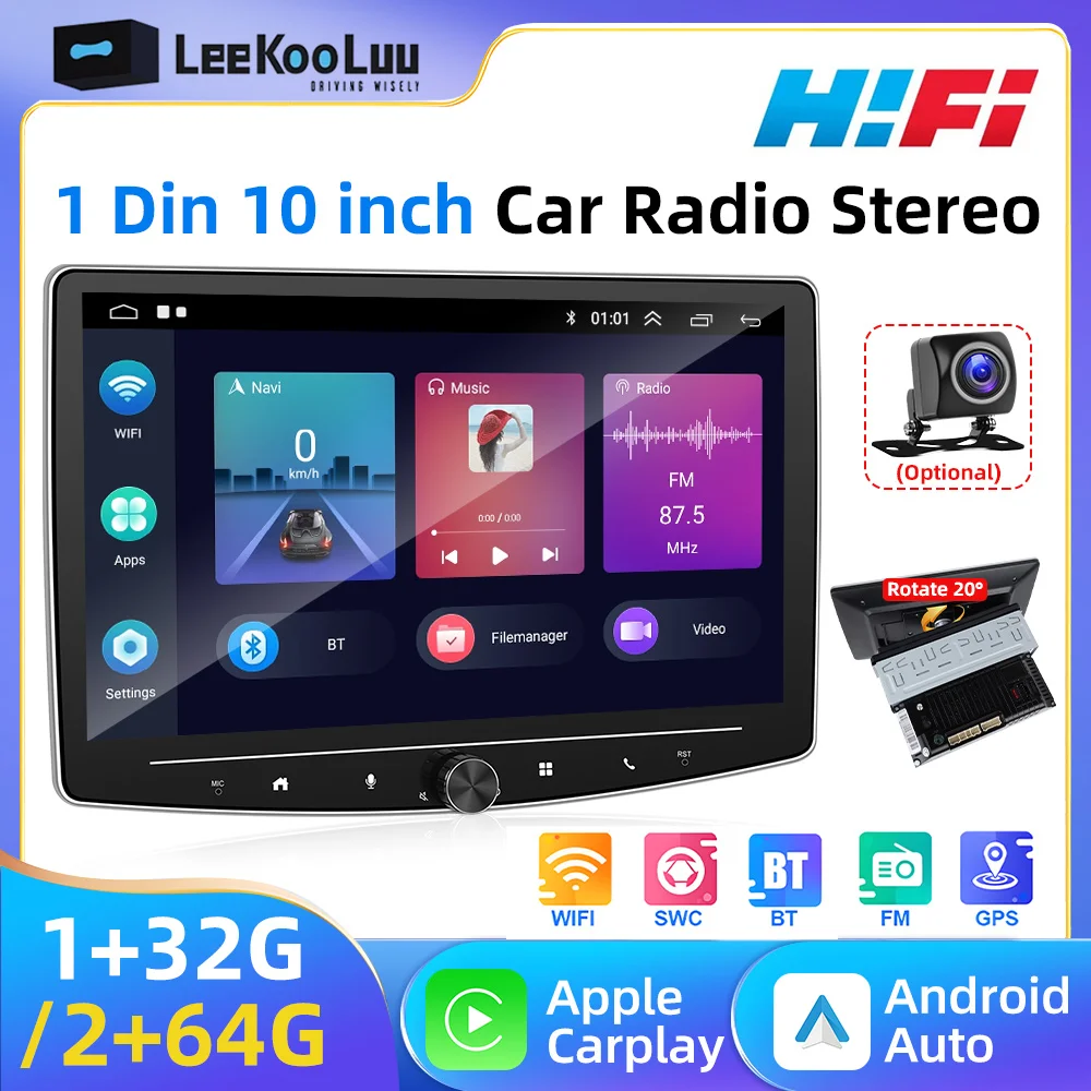 LeeKooLuu Android 1Din GPS Car Stereo Radio 10 Inch Screen CarPlay Android Auto Car Multimedia Video Player 1 Din AutoRadio