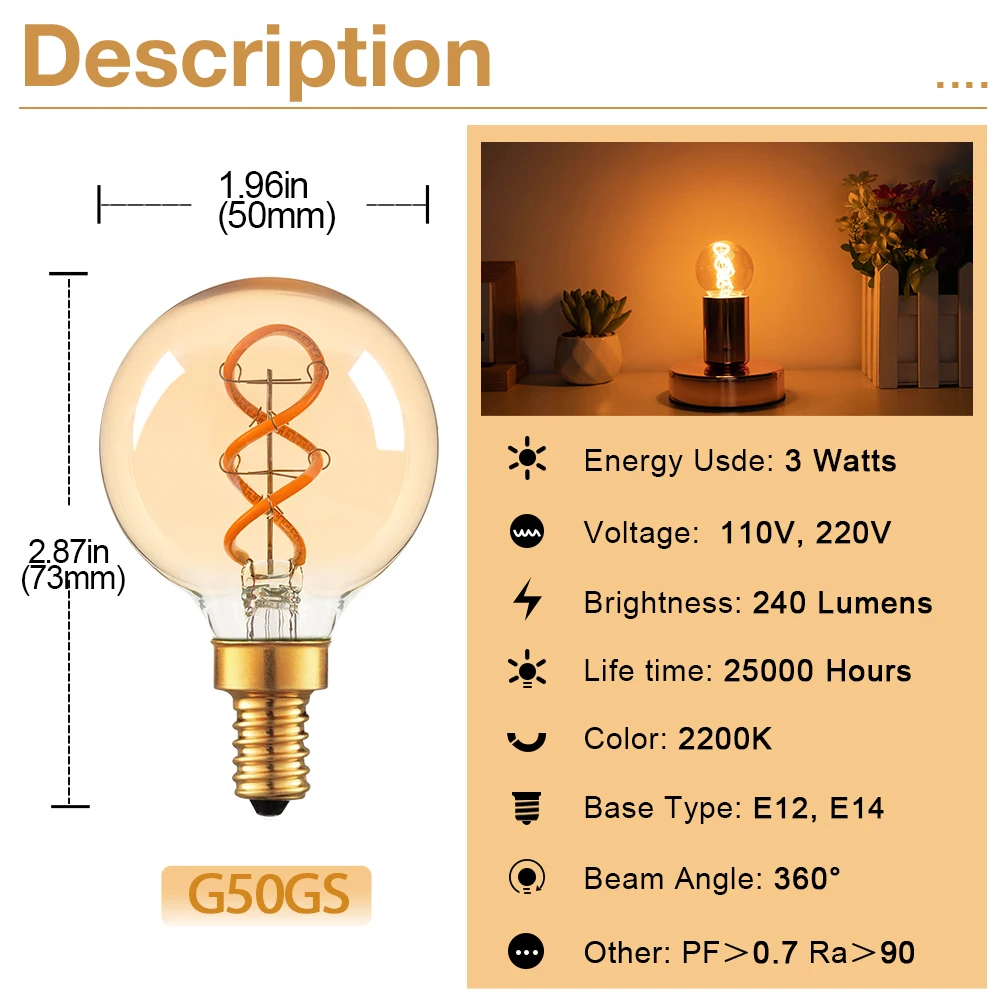 G50 Spiral Filament Edison LED Globe Bulbs 3W Dimmable