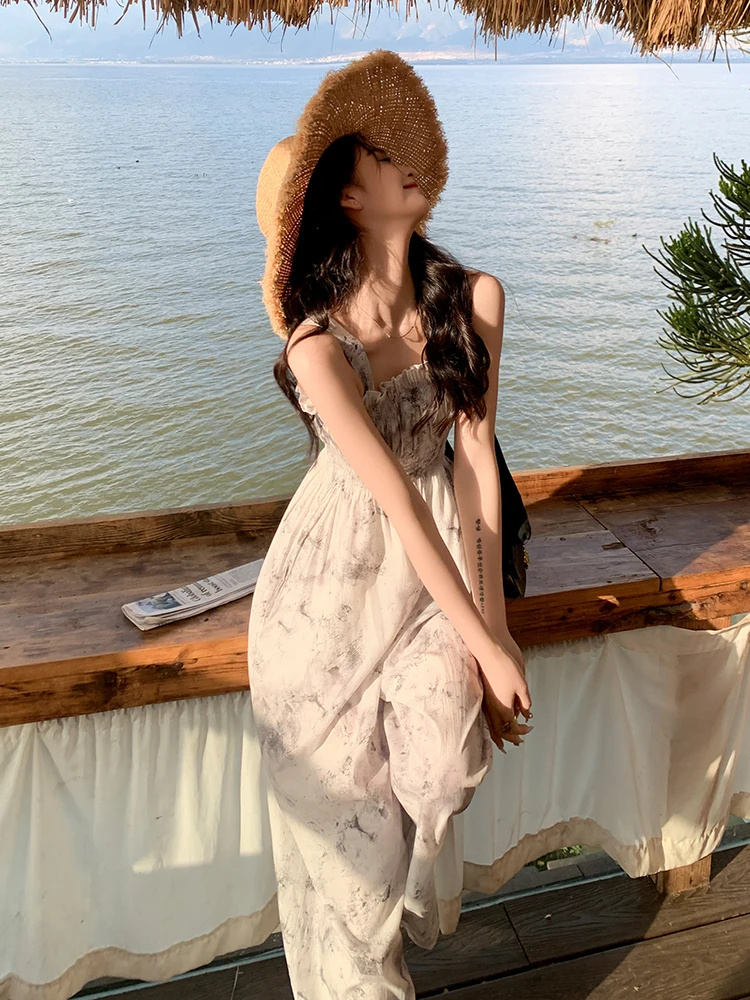 จั๊มสูทขายาวทรงขากว้างสไตล์จีนใหม่ ลายภาพวาดสีน้ำ เอวสูง ผ้าบาง สำหรับผู้หญิง ฤดูร้อน รุ่นบางพิเศษ ขายออนไลน์เท่านั้น