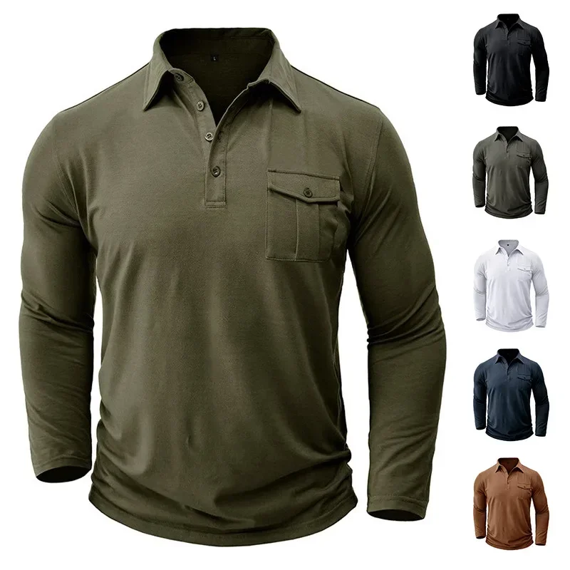 

2023 Spring and Autumn Season New Polo Collar European and American Men's T-shirt Solid Color Long Sleeved Polo Shirt