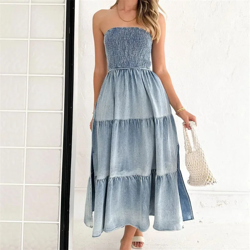 

Women Pleated Slim Fit Stretch Wrap Bust Dresses Split Hem Cake Dress Female Party Elegant Commuter Casual Sleeveless Denim Gown