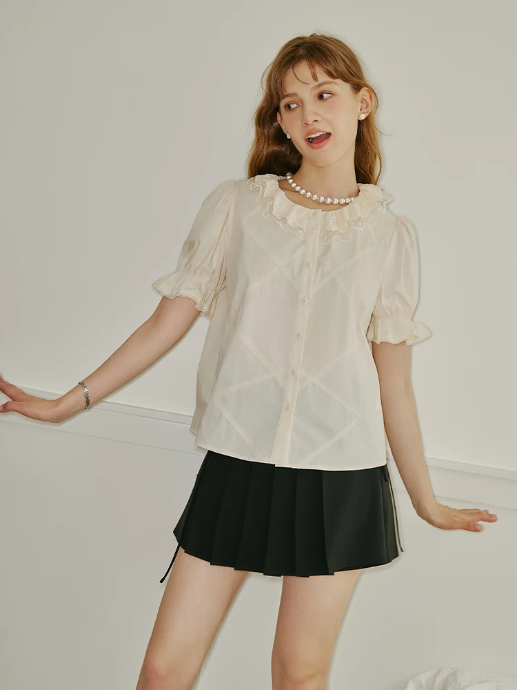 FSLE Beige Short Sleeve Blouse Peter Pan Collar Women Summer Lace Apricot Puff Sleeve Shirts Female Sweet Blouse Tops 24FS12720