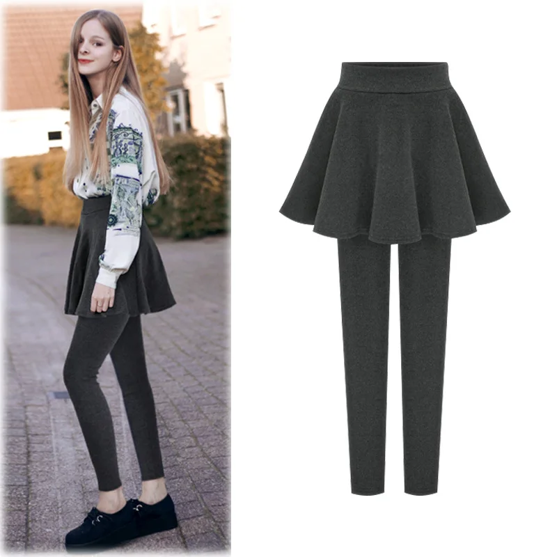 Winter Fleece-Lined Skort for Women 2-in-1 Warm Leggings with Flared Skirt Design