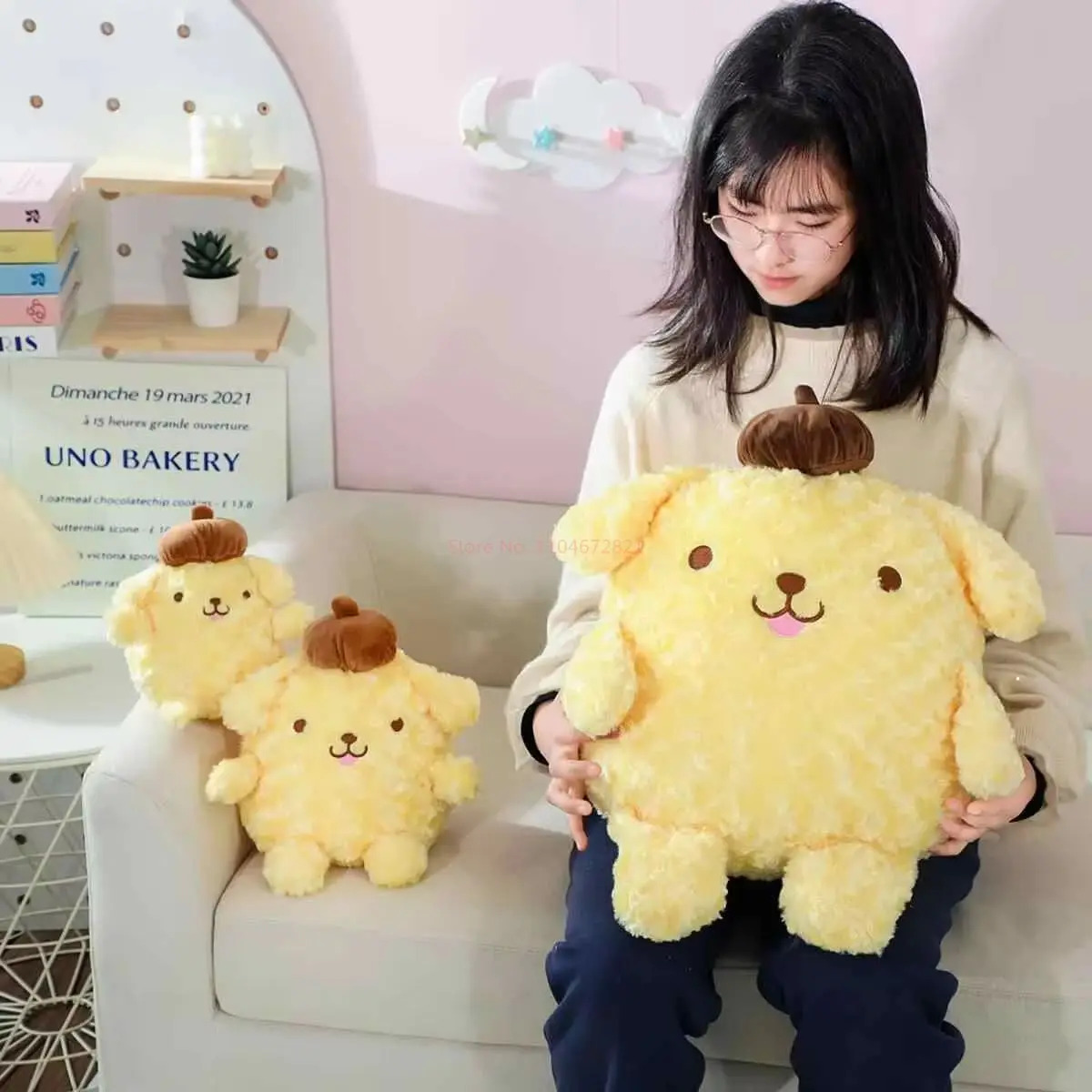 Em estoque adorável pom pom purin brinquedo de pelúcia macio recheado cão amarelo anime personagem estilo japonês sofá cama decoração presente para meninas