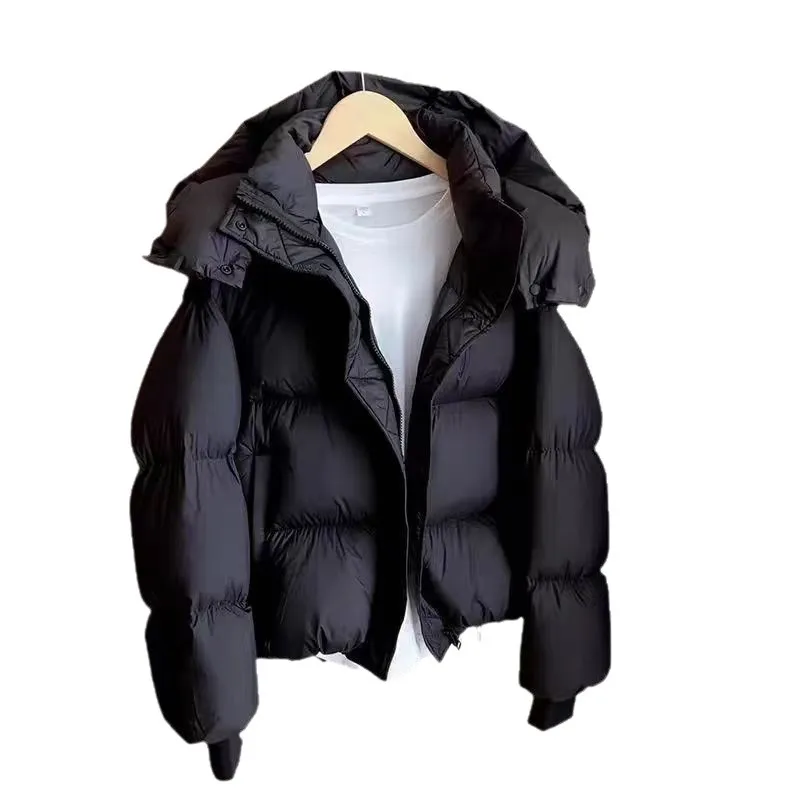 Women's Oversized Hooded Down Jacket with Long Sleeves Zipper Pockets Solid Color Short Length Parka for Female Winter Wear