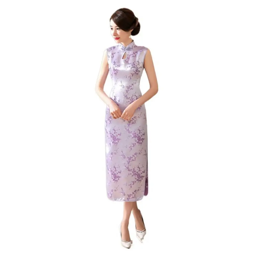 

Floral Print Cheongsam Dresses Chinese Style Mandarin Collar Bodycon Dresses Vintage Sleeveless Chinese Qipao Evening Dress