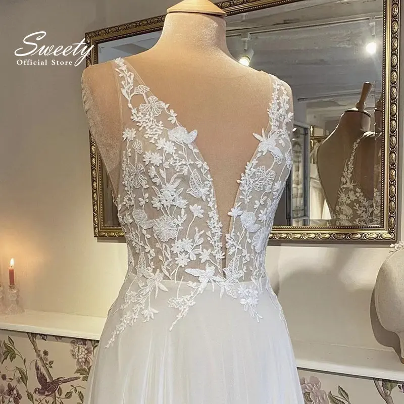 Abito da sposa Boho abito da sposa in pizzo o-collo atmosfera semplice abito da sposa senza maniche una coda di caratteri su misura Plus Size