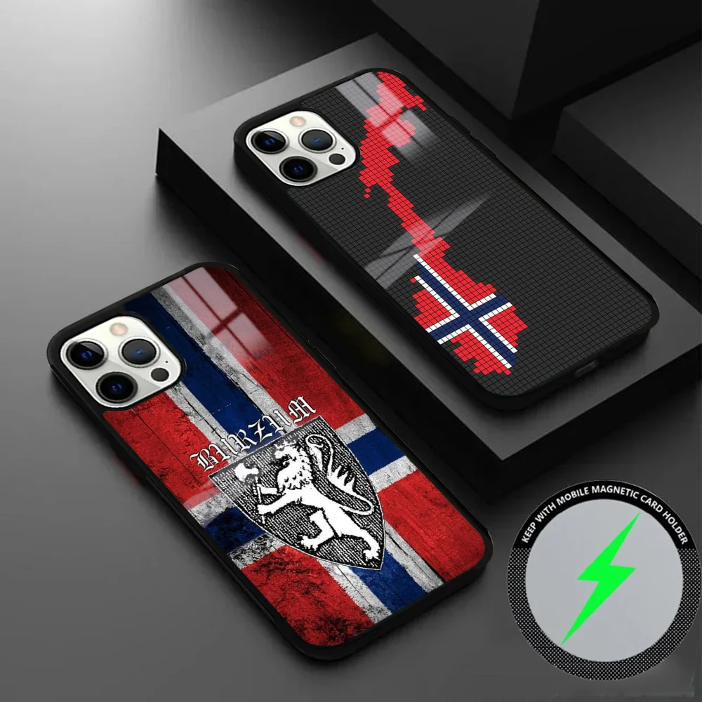 Luxury Norway Flag Phone Case For IPhone 16 15 14 13 12 11 Pro Max Plus Mini Magsafe Mirror Wireless Magnetic Cover