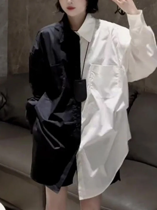 

Мужская удлиненная рубашка большого размера (до 300 фунтов), черно-белая, с цветными блоками, с длинным рукавом, весна-осень, персонализированная, средней длины, топ