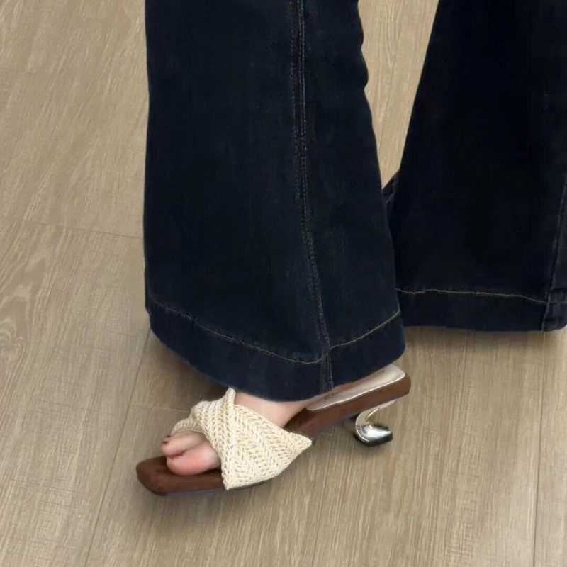 

Designer Weave Square Toe Women Slippers Fashion Wedges Heels Slide Mule Ladies Pumps Shoes Zapatos De Mujer