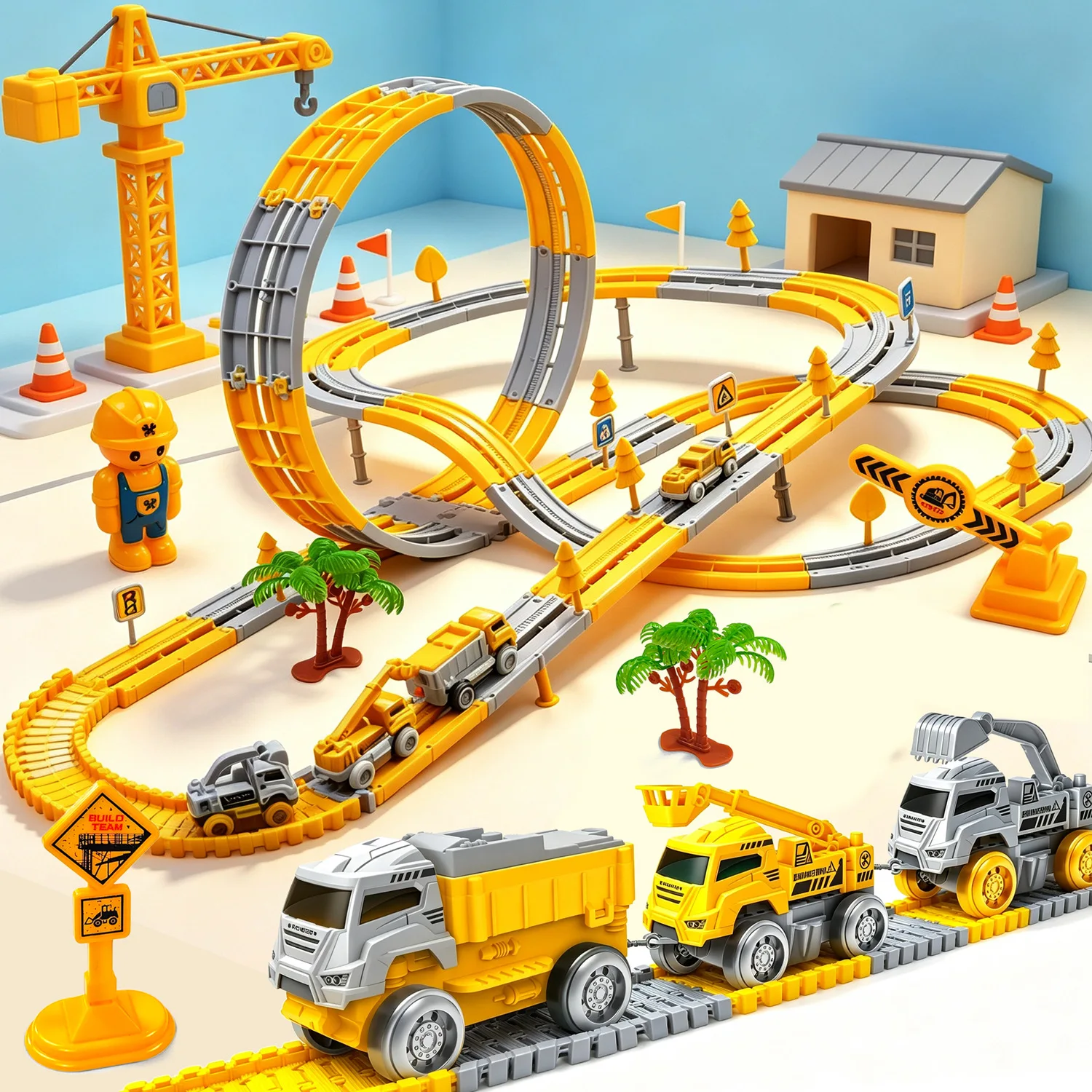 DIY Race Track Toys Anti-Gravity 360° Vertical Loop Climbing Track Train Engineering Vehicle Toy Tower Crane and Traffic Signs