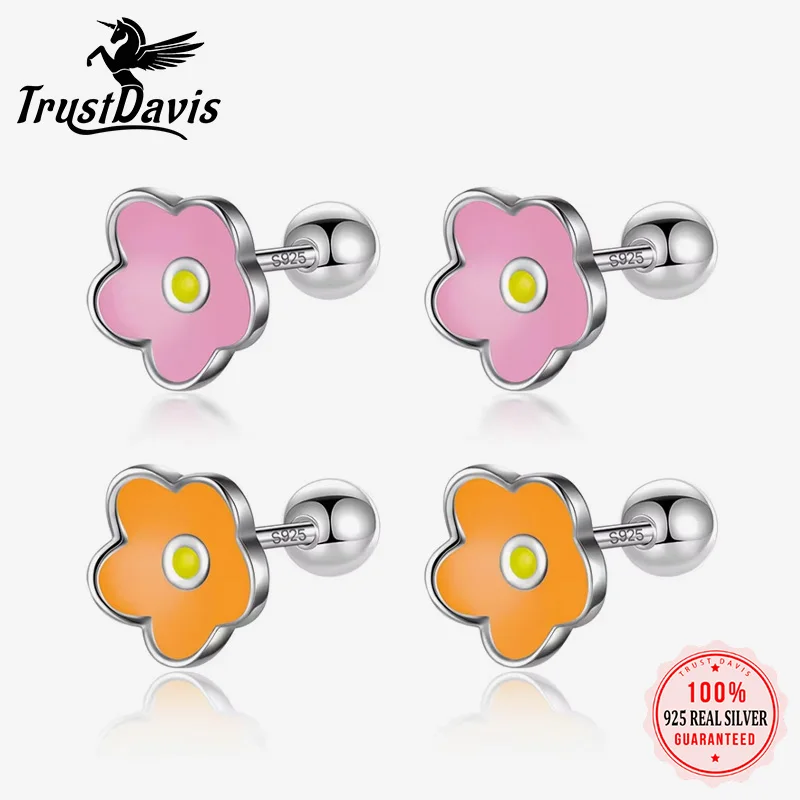 TrustDavis Real 925 Sterling Silver Kids Stud Colour Glaze Flower Screw Stud Earrings For Daughter Girls Fine Jewelry Gift DF362