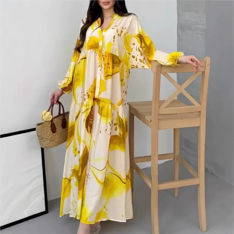 Moda Boho Stampa floreale Maxi abito manica lunga scollo a V vestibilità ampia elegante abito da festa casual caftano caftano arabo Jalabiya Ramadan