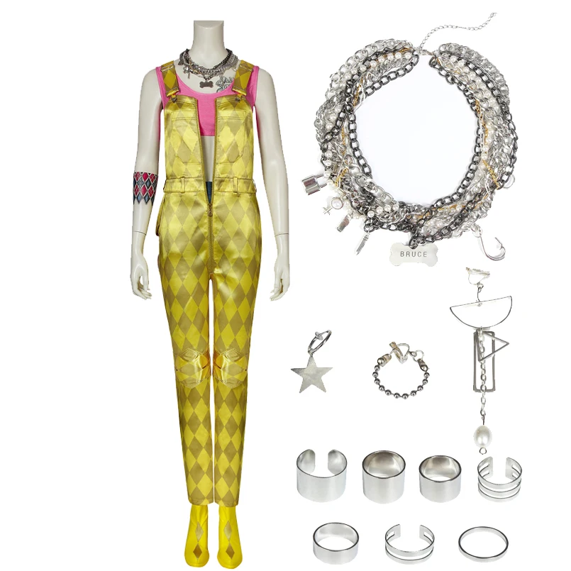 

Halloween Carnival Quinzel Cosplay Yellow Jumpsuit Female Joker Costume Sexy Overalls Clown Outfit With Accessories