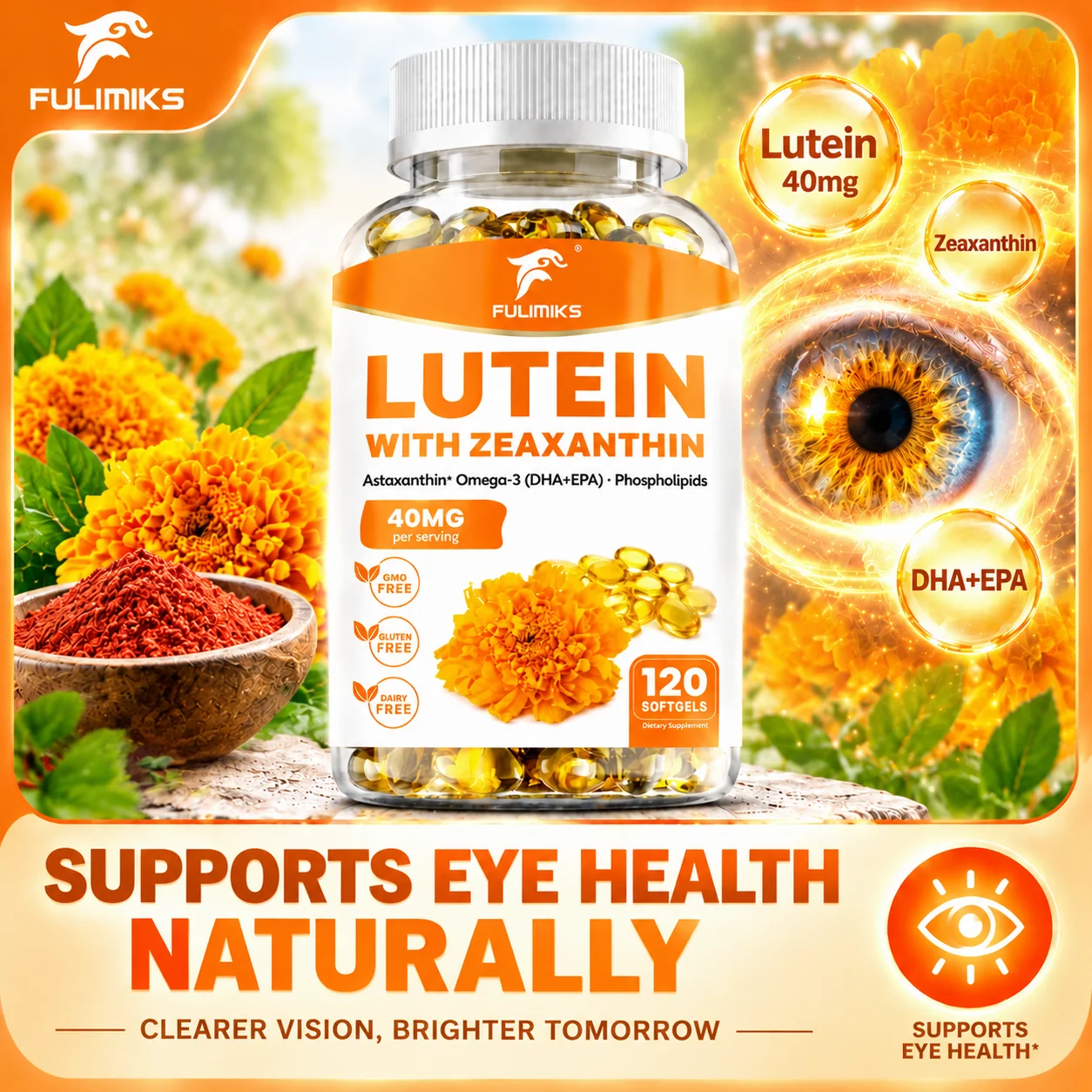 FULIMIKS Lutein with Zeaxanthin Capsules with Astaxanthin, Support Eyes & Macula, Retina Health, Antioxidant, Fatigue for Office