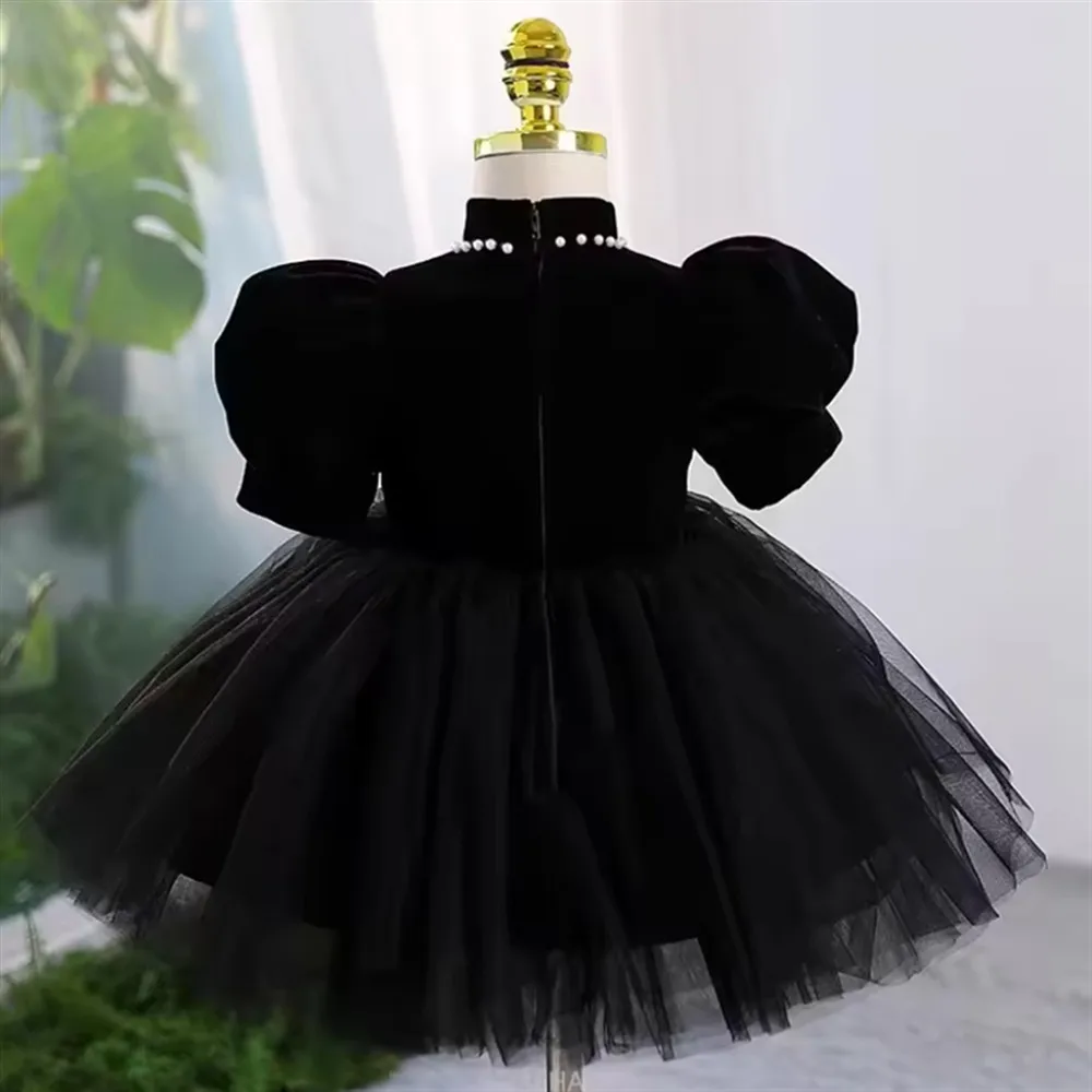 Customized Luxury Velvet Flower Girl Dress Pearls Princess Wedding Evening Dress Kid Piano Host Performance  Birthday Party Gown