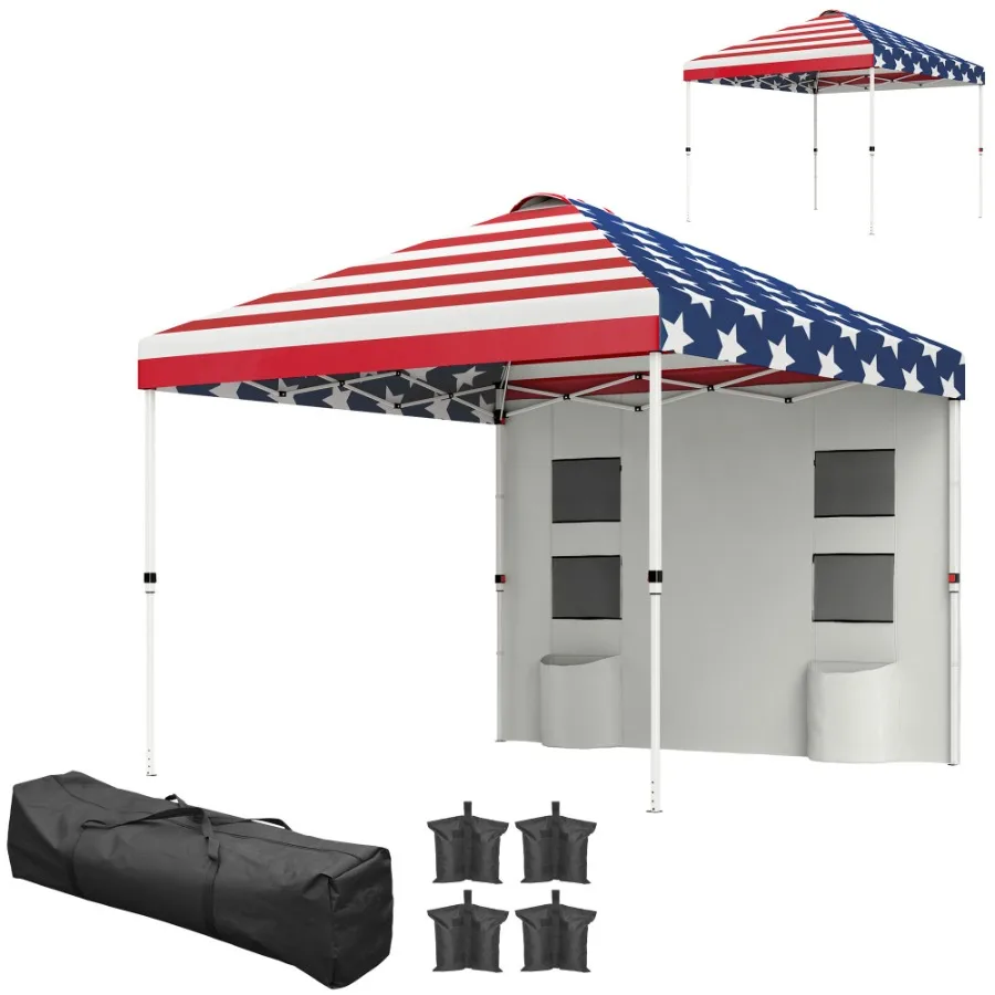 

10' x 10' Pop Up Canopy Tent w Sidewall Height Adjustable Instant Sun Shelter w Storage Pockets American Flag Print