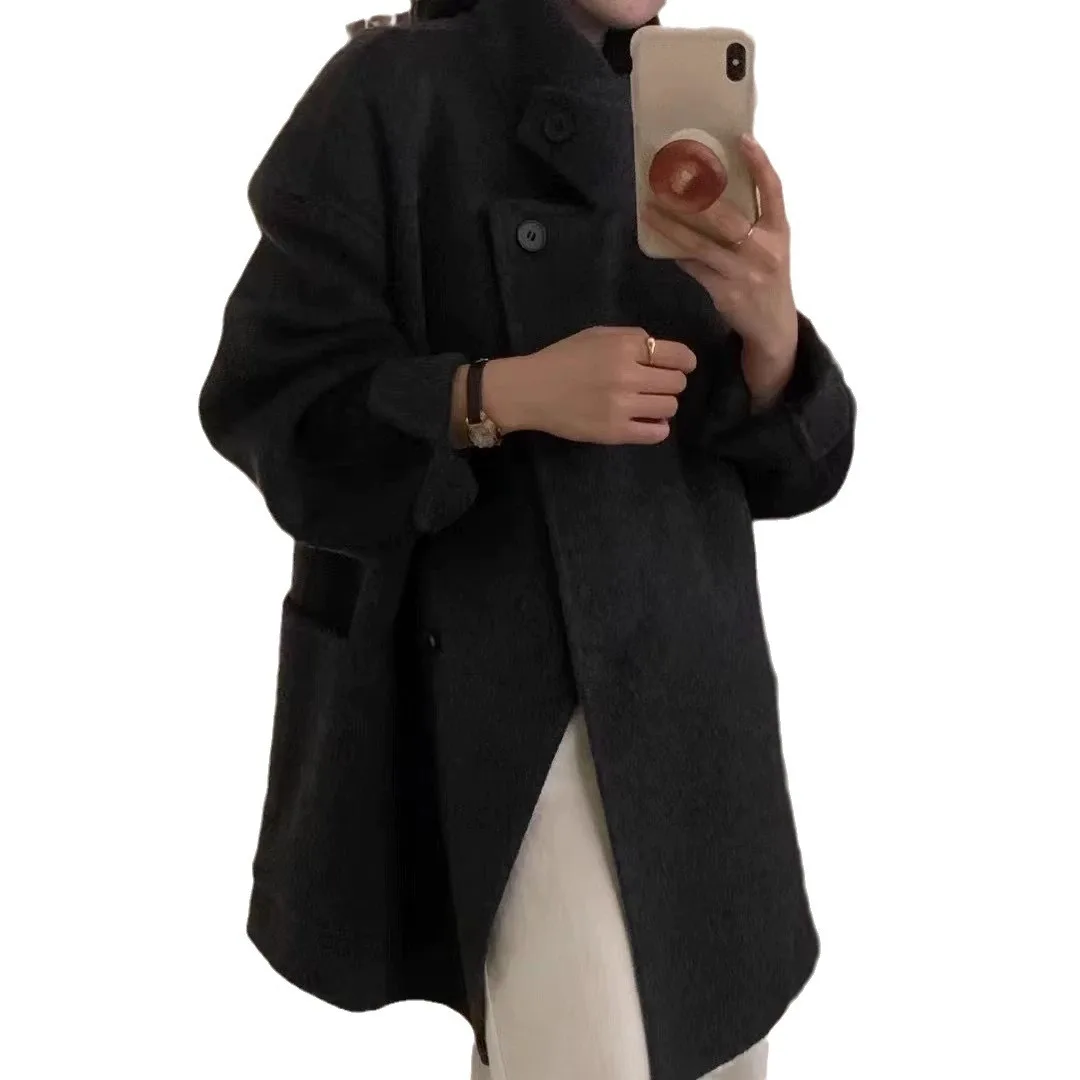 2024 cappotto in cashmere a doppia faccia da donna collo alto medio e lungo cappotto di lana piccolo stile Hepburn sciolto