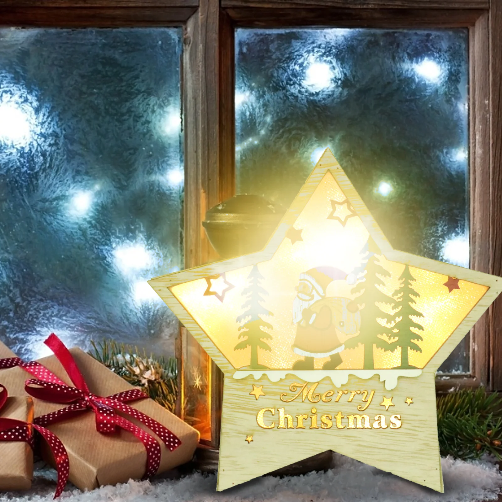

1Pcs Christmas Wood Luminous Ornament Premium Craftsmanship Star Shape Decorative Xmas Desktop Adornment Shop Home Office Xmas