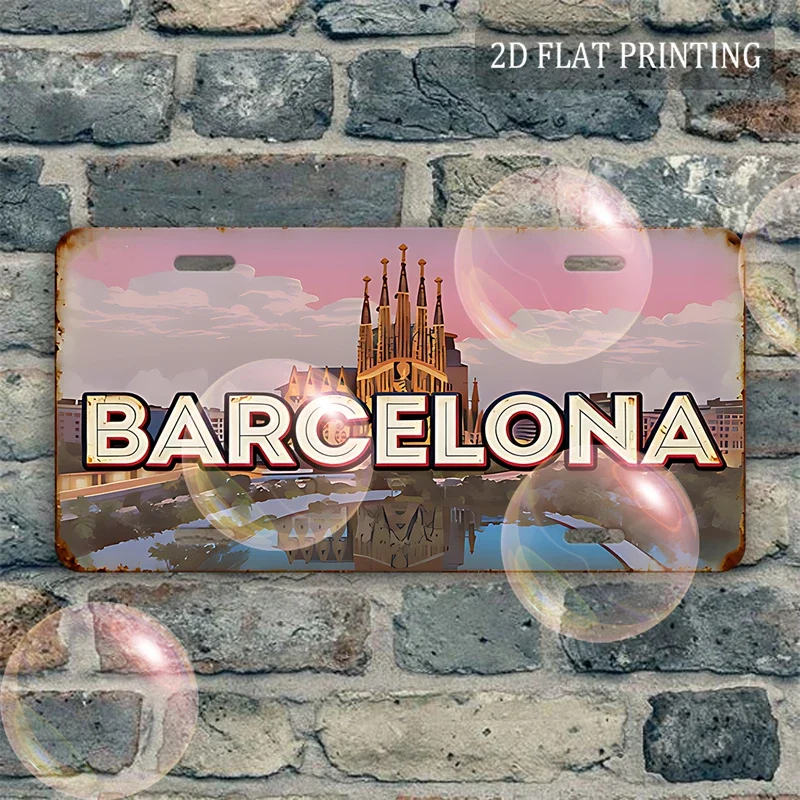 2D Flat, [2D Flat] 1pc, 2D Flat, Vintage Metal Sign, 30.48cm x 15.24cm, Barcelona Sagrada Familia Sunset Scene with Mediterra