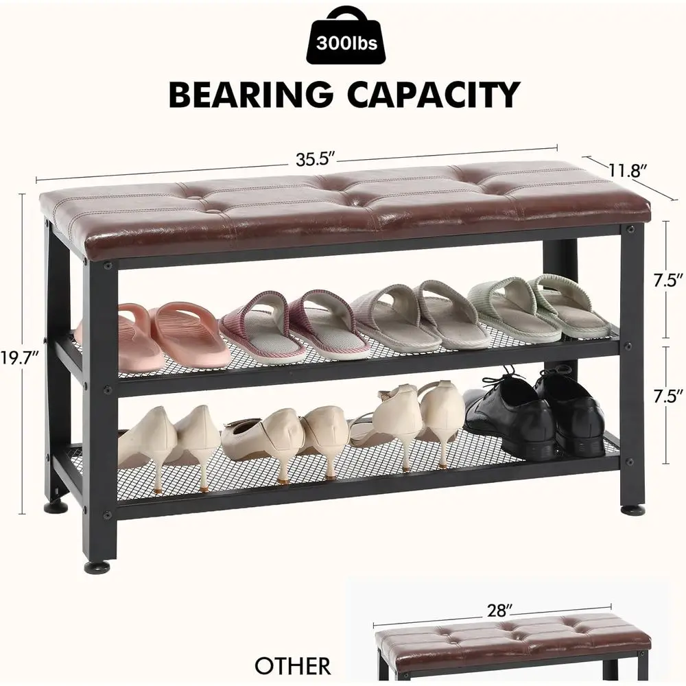 35.5 3-Tier Shoe Storage Bench with Leather Seat, Metal Frame, Holds 300 lbs, for Entryway, Living Room, Mudroom, Rustic Brown