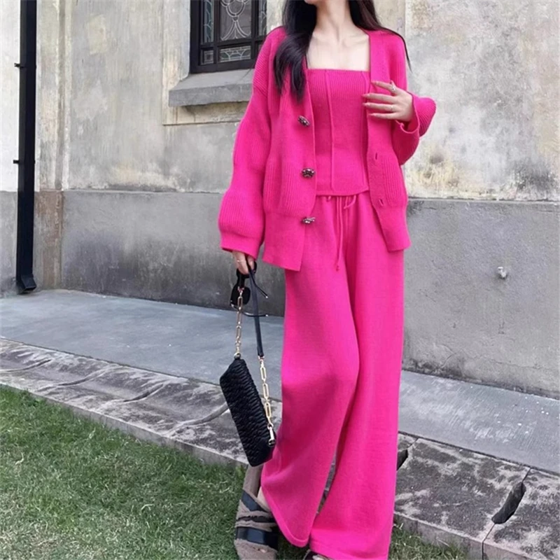 REALEFT Autumn Winter 3 Pieces Women Sets Knitted Tracksuit Buttons Cardigan Sweater & Top and Straight Jogging Pants Suits