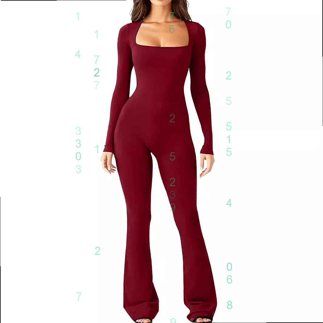 Women's Long Sleeve Tummy Control Waist Shaping Square Neck Jumpsuit High Elastic Bodysuit Overall Playsuit