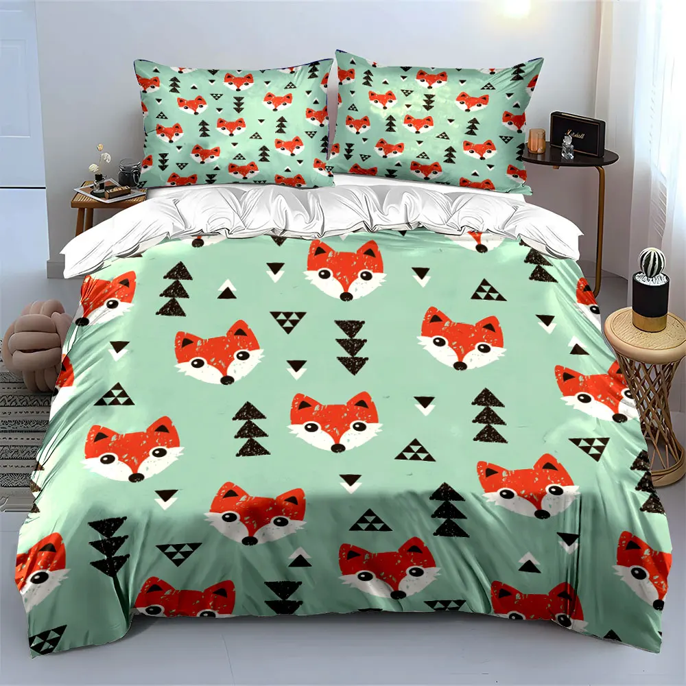 Cartoon foxes with geometric pattern Bedding Set for Kids Luxury Gift 3pcs Digital Print Comforter Set Soft Comfortable