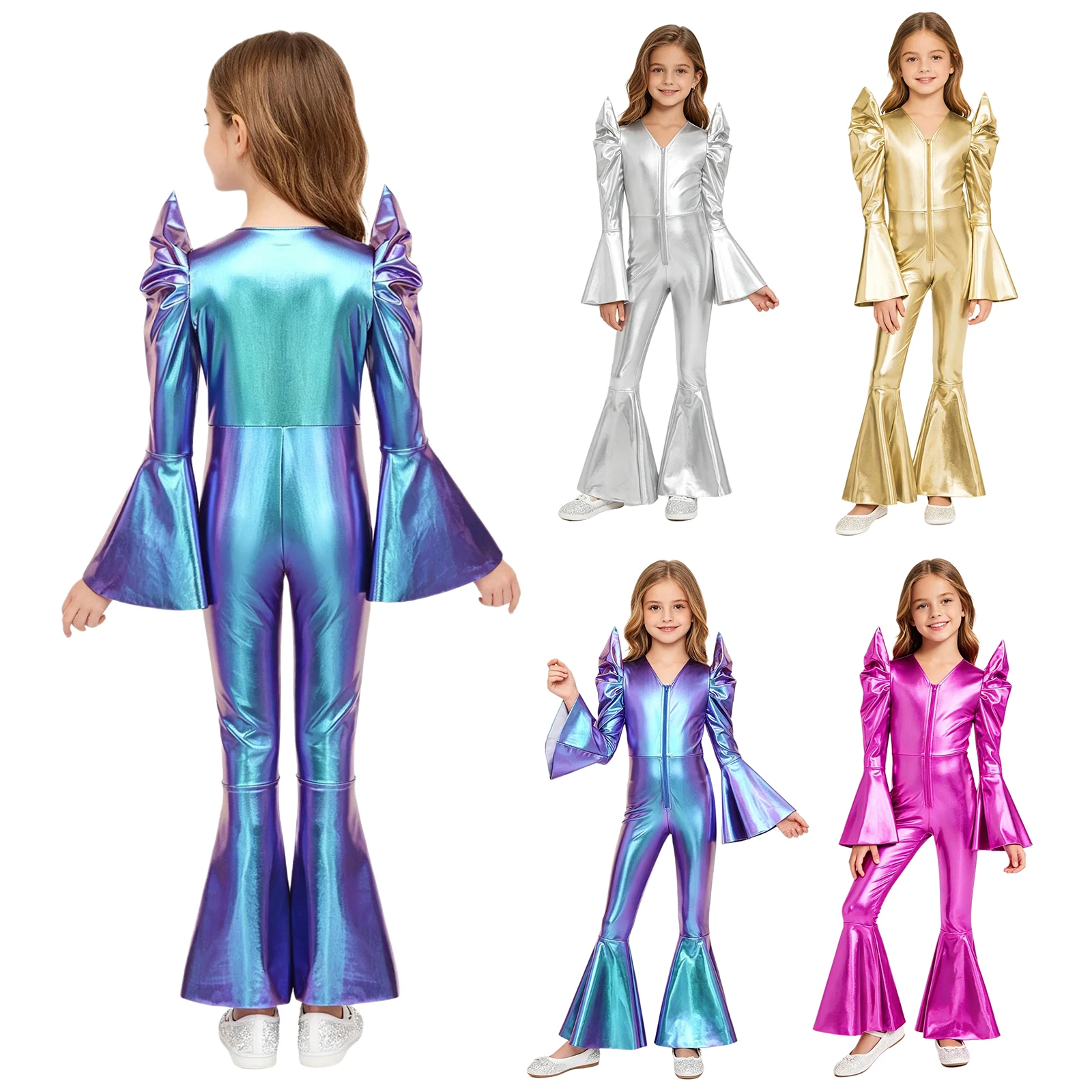Kids Girls Shiny Metallic Disco Jumpsuit Long Sleeves High Waist Front Zip Bell Bottom Hippie Romper Clubwear Halloween Costume